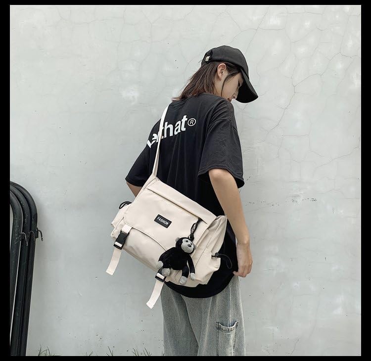 Image of Aesthetic Crossbody Bag with Cute Pins and Ornament, Nylon Shoulder Messenger Bag Japanese Kawaii Bag for Women Men