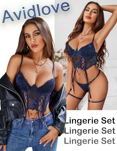 Image of Avidlove Women's Lingerie 4 Piece Garter Lingerie Floral Lace Bra and Panty Sets with Underwire S-XXL