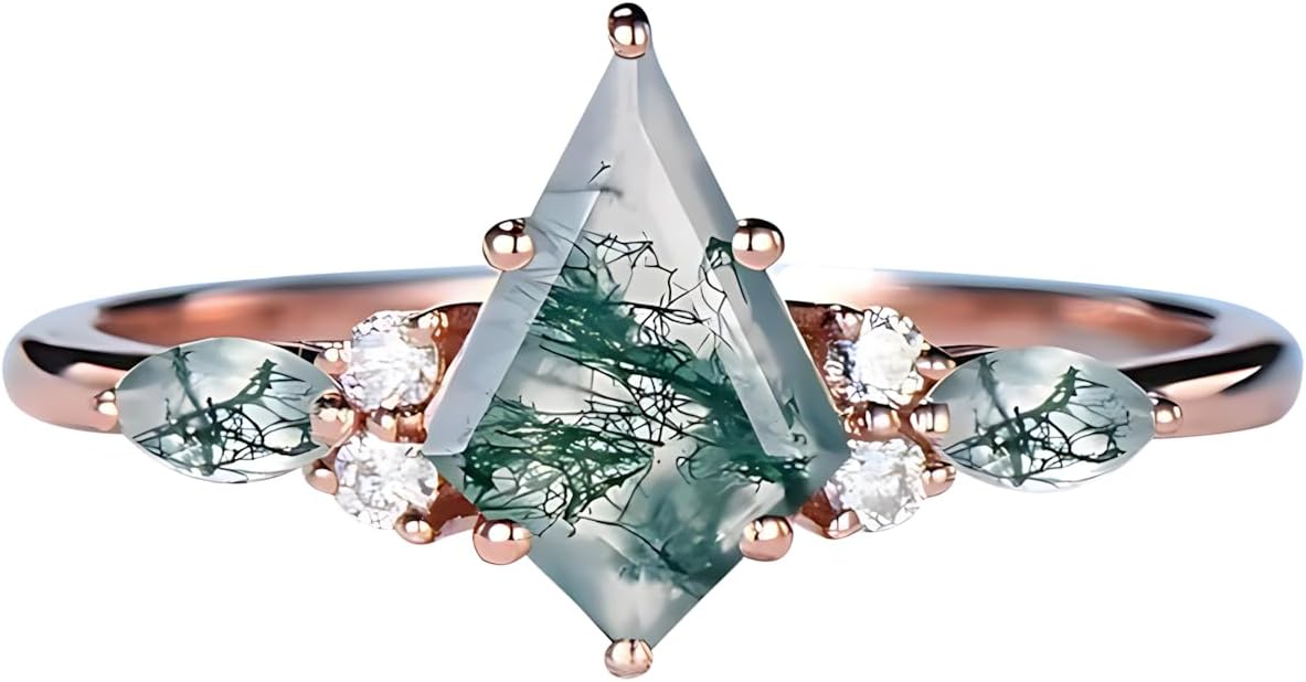 S925 10K 14K 18K Gold Natural Moss Agate Engagement Ring, 1-3 Carat Emerald/Hexagon/Kite/Oval/Pear/Round Cut Genuine Green Moss Agate Wedding Ring Bride Band Free Engraving for Valentine's Day