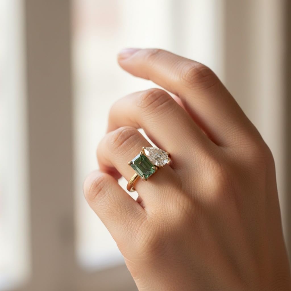 Emerald Cut Green Moissanite Pear Cut Moissanite 18K Gold Plated Engagement Ring 925 Silver Two Stone Ring, Christmas Gift for Woman, Wife By REDWINE JEWELLS