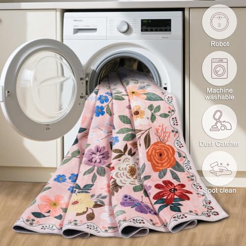Runner Rug for Entryway: 2.6x8 Kitchen Rugs Non Slip Washable Ultra-Thin Soft Floral Carpet Indoor Floor Stain Resistant Carpets for Hallway Bedroom Kitchen Laundry Bathroom Dorm Beige
