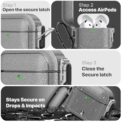 Image of RFUNGUANGO Locking Case for AirPods 4th Generation - Waterproof, Shockproof, Rugged Full Body Case for AirPods 4th Generation - with Carabiner Clip, with Cleaning Kit-Silver-Grey