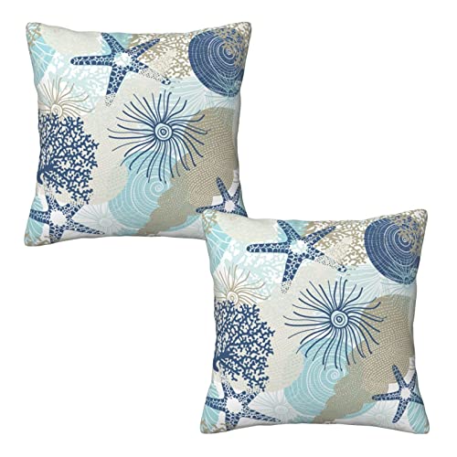Beach Ocean Starfish Seashell Nautical Coastal Farmhouse Throw Pillow Covers 18x18 Pillow Case Soft Pillowcase Cushion Covers Set of 2 for Sofa Bed Bedroom Car Chair Living Room Home Decor