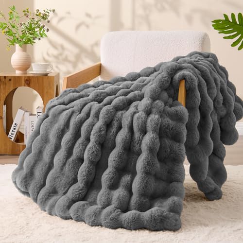 Image of BEDELITE Faux Fur Throw Bubble Blanket for Couch, 50 inch x 60 inch, Dark Grey | 870GSM Soft Cozy Plush Blanket for Sofa & Bed Living Room Decor, Warm Fuzzy Faux Rabbit Fur for Women Gift, All Season Use
