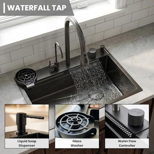 Image of Gloxy Premium Stainless Steel 304 Kitchen Sink With Pull Down Faucet 24x18X9 Inches- Smart Waterfall Sink with Anti-Scratch Honeycomb Design - Black Matte Finish Multifunctional Sink With Cup Washer