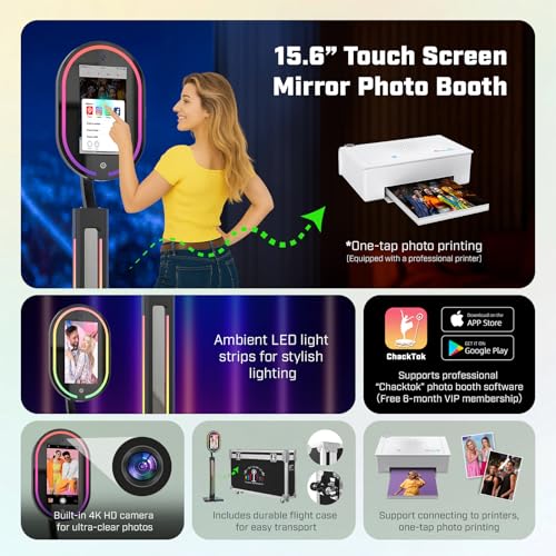 Image of MWE Magic Mirror Photo Booth Touch Screen with Printer and 1200W Pixel 4K HD Camera,RGB Surround Light Music Sync,Mirror Video Booth with Software APP Remote Control (16in+Printer) (Black, 16in)