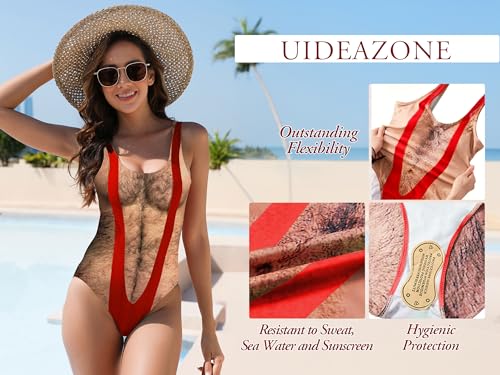 Image of uideazone Women Funny Chest Muscle Deep V Backless One Piece Bathing Suit | Color Block Butt Lifting Swimsuits High Stretch Quick Dry Breathable Monokini Removable Pads for Beach Pool Vacation Party