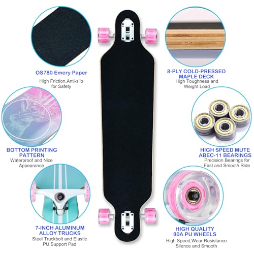 Longboard Skateboard für Jungen Mädchen Anfänger Erwachsener Teenager,Cruiser komplettes Board 8-lagiger Ahorn Longboard Bürste Street Dance Board mit T-Tool (PINK-Deer)