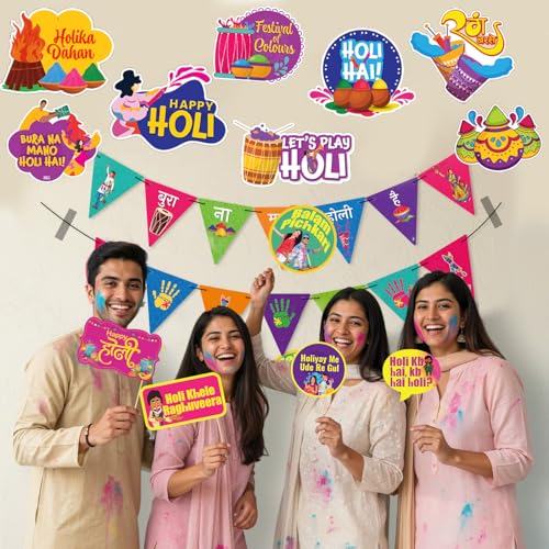 Image of Party Propz Holi Decoration Items for Home - 65 Pcs Holi Props for Decoration, Bura Na Mano Holii Hai Banner and Cutout Set, Vibrant and Eye-catching Design (Cardstock)