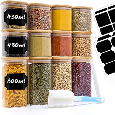 YOCOLE Vorratsdosen Glas 12er Set, 430/600ml Gewürzgläser Eckig Holzdeckel, Vorratsgläser Glasbehälter mit Deckel Cover