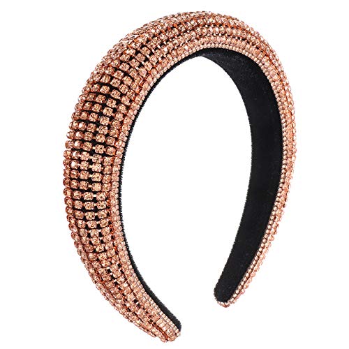 Rhinestone Padded Headband Handmade Baroque Velvet Padded Lining Hair Hoop Bridal Wedding Wide Headwear Accessories For Women (rose gold)