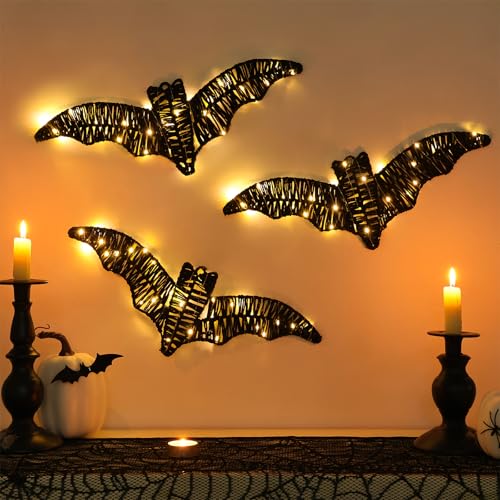 3 Pack Halloween Decorations Indoor Wall Decor with Lights & Batteries Included Black Rattan Pre-Lit Spooky Bats Room Decor 3D Hanging Signs for Covered Porch Home Haunted House Party