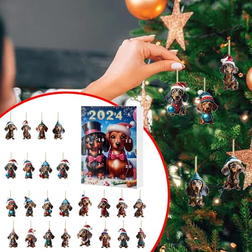 Weihnachtsbaum Dackel Anhänger Adventskalender 2024, 24-Tage-Weihnachts-Countdown-Kalender Dackel Anhängerbox Für Erwachsene, Kinder, 2D Acryl Dackel Hängeanhänger, Weihnachtsbaumschmuck