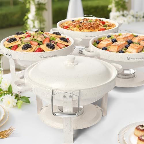 WARMOUNTS Buffet Chafing Dishes Set 5L, 4 Pack - Maifanite-Coated Round Warmers, Mirror-Polished Stainless Steel, Stackable with Lid Holder for Events