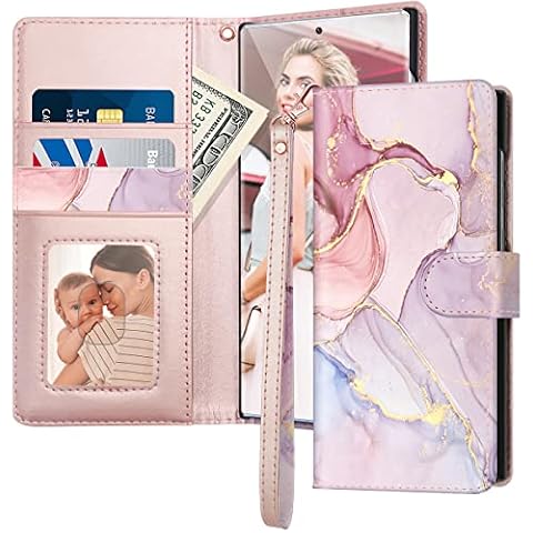 Samsung Galaxy S22 Ultra Case,Galaxy S22 Ultra Case Wallet,Fingic Marble Rose Gold Leather Girl Women Magnetic Closure Kickstand Shockproof PC Bumper Card Holder Protective Case for Samsung S22 Ultra Cover