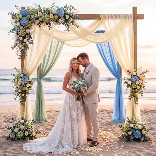 Image of Sage Green and Dusty Blue Wedding Arch Draping Fabric 3 Panels 2.46 x 20 FT Sheer Chiffon Backdrop in Blue, Green, and Champagne for Wedding Ceremony, Birthday, and Outdoor Party Decoration