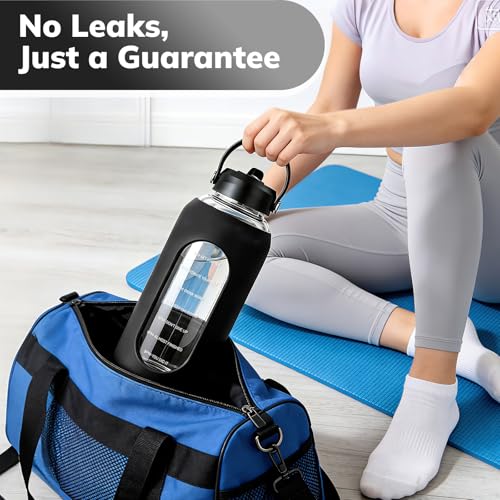 Image of Aqulea 64oz oz Glass Water Bottle with 2 Lids - Spout & Straw Lids, Borosilicate Glass Water Bottle with Time Marker & Silicone Sleeve, Leakproof