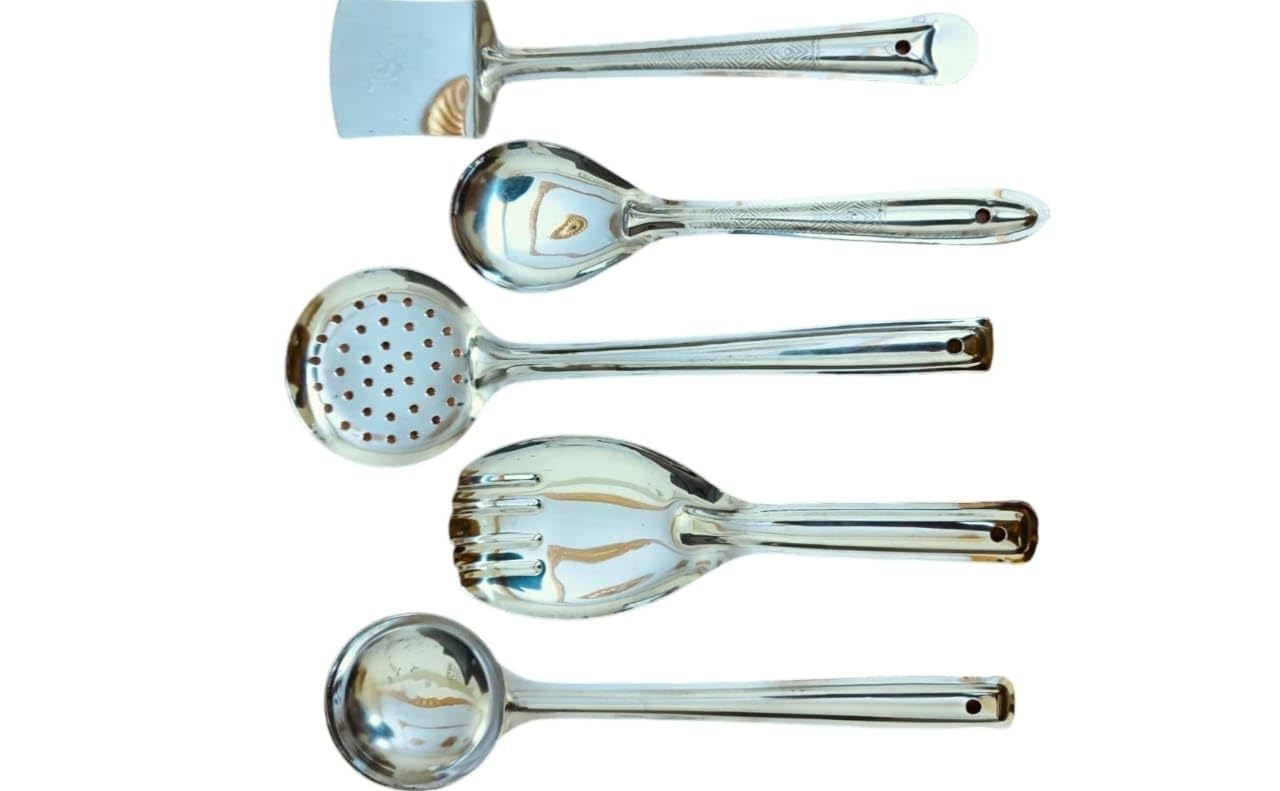 5-Piece Stainless Steel Serving Spoon Set - Heavy Gauge Kitchen Tools for Cooking - Includes Ladle, Skimmer, Spatula, Basting & Rice Spoon - Silver Utensils for Home Use 3