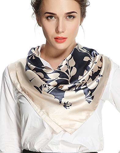 Corciova 35 X 35 Large Women Satin Square Silk Feeling Hair Scarf Wrap Headscarf Beige Charcoal Floral Flowers #TOP1