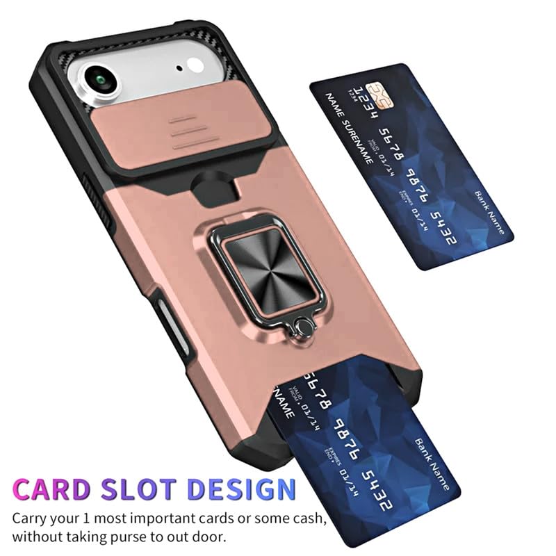 Image of LuxuryKase Shockproof Armor Case for iPhone Air | Slide Camera Cover | Hidden Card Slot | Rotating Ring Kickstand | Magnetic Car Mount Support | Military Grade Protection - Rose Gold