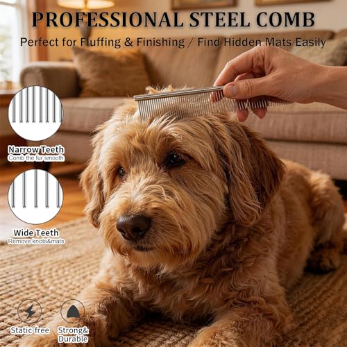Image of Slicker Brush for Dogs, Professional Dog Grooming Brush Kit 4PCS | Doodles Brush for Goldendoodles Poodles, Long Pin Haired Brush, Easy to Daily Detangling to Prevent Matting