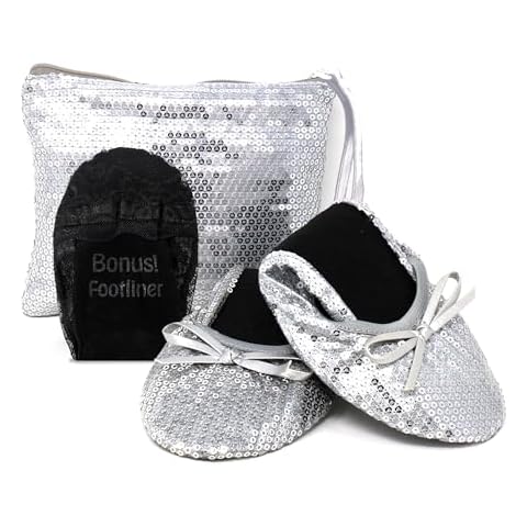 Silky Toes Women's Foldable Sequin Shoes Dressy Ballet Flats Roll Up Slipper Shoe with Matching Carrying Pouch, Silver-Small Cover