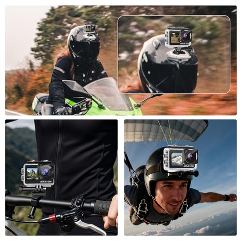 Nvgfelis Dual Screen Action Cam FHD 1080P Helmkamera Wasserdicht bis 40M Actionkamera mit 2×1050 mAh Wiederaufladbare Akkus und Zubehör-Set Coal Black