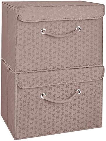 Brown Storage Boxes with lids, Fabric, Stackable, Foldable. For wardrobe, shelves, clothes, bedroom, office, cupboard, keepsake memory box, crafts, toy, shoe, sock, knitting. Rope Handle 2pk