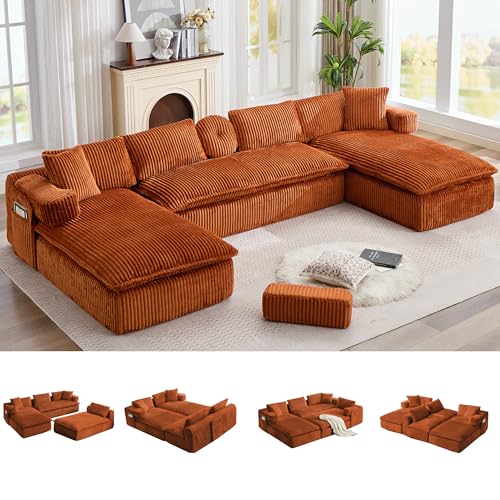 Image of Oversized Cloud Boneless Couch with Chaise, 149 inch Modern U Shape Modular Deep Seat Sectional Sofa, Comfy Corduroy Upholstered Couches for Living Room, No Assembly Required, Burnt Orange