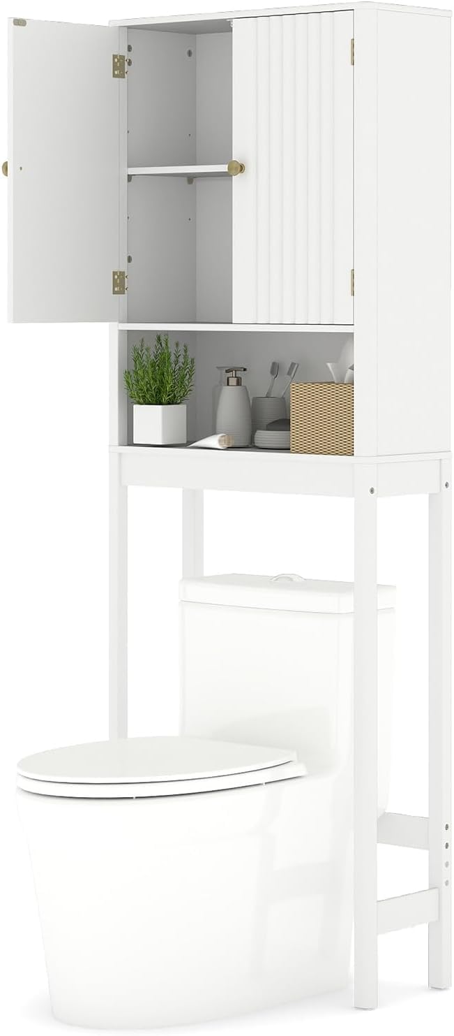 GIANTEX Mueble Organizador sobre Inodoro, Armario de Pie con 2 Puertas y 1 Compartimento Abierto, Estante Inferior Ajustable, 60 x 23 x 168 cm, Estantería Alta para Baño, Lavadero (Blanco)
