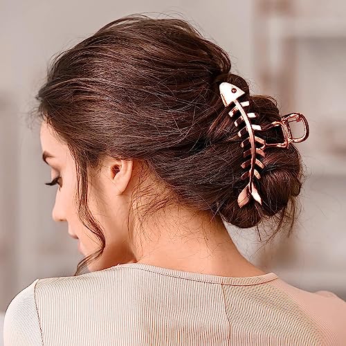 Pinza para cabello con diseño de hueso de pescado en metal color oro rosa para mujeres y niñas, elegante y con fuerte sujeción, 1 pieza miniatura 3