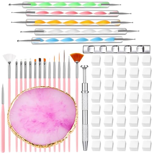 Nail Art Tools 73 Pcs Set Resin Nail Art Palette Nail Art Brush Nail Sponges with Metal Grabbing Pen 2-way Acrylic Silicone Engraving Pen Dotting Pen Home Salon Makeup Supplies (White Pink)