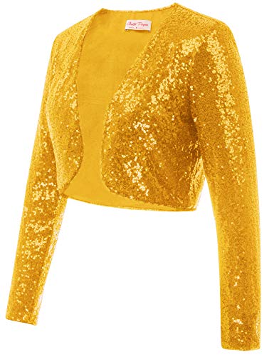 Belle Poque Women's Vintage Cropped Sequin Shrug Bridal Open Front Long Sleeve Bolero Cardigan for Party (Golden,XL)