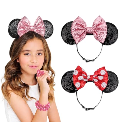 Image of DRESHOW Minnie Ears Headbands Mouse Ears Sequin Bow Headbands Elastic Adjustable Headband Glitter Party Decoration Cosplay Costume for Women