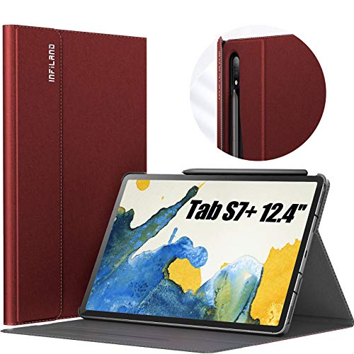 INFILAND Case voor Samsung Galaxy Tab S7 +/S7 Plus 12.5 inch (SM-T970/T975/T976) 2020, Multi-angle Front Support Shell PU Lederen Cover Stand Case met Auto Sleep/Wake Functie, Rode wijn