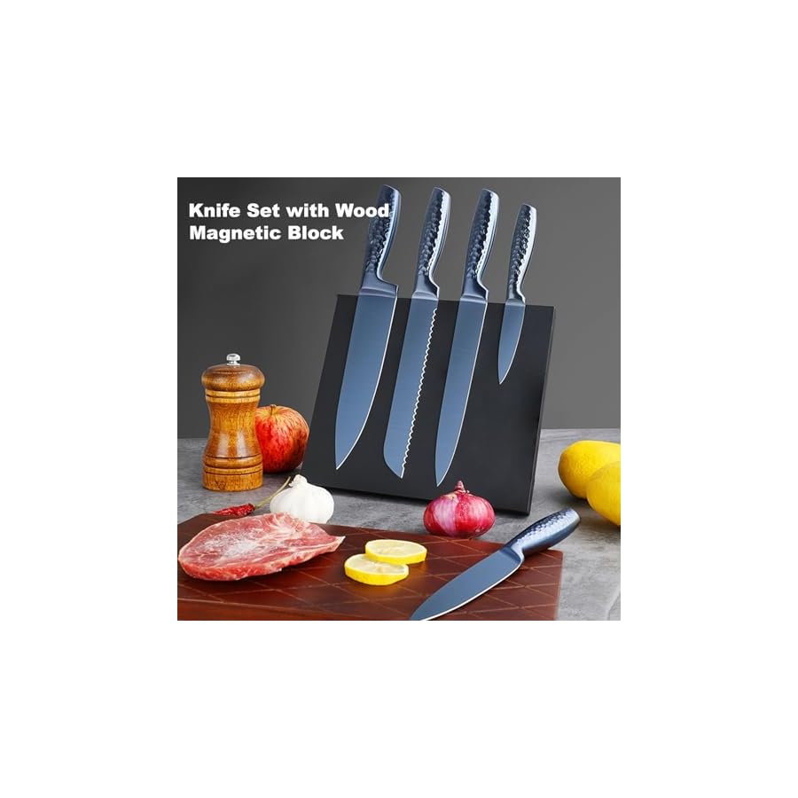 Kitchen Knife Set, 6-Pieces Blue Titanium Coated Knife Block Set with Wood Magnetic Knife Block, Non-stick & Non-slip Stainless Steel Sharp Chef Knife Set, Knives Set for Home Kitchen (Blue)