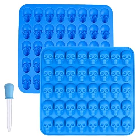 2PCS Halloween Themed Moulds Food Grade Skull Silicone Mould Candy Machine Homemade Chocolate Jelly Cookie Reusable Baking Moulds 40 Small Skulls DIY Non-Stick Kitchen Kids Candy Melts Wax Melt Moulds Cover