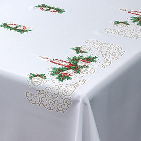 MforStyle Christmas Tablecloth in White with Red Gold Green Pattern Cover