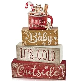 4 Pcs Christmas Table Decor Wooden Hot Cocoa Decoration Christmas Centerpiece Winter Tiered Tray Decor Decorative Red Hot Cocoa Block Signs Gift Farmhouse Xmas Decoration for Home Kitchen