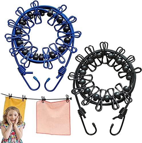 2 Pack Portable Clothesline, Elastic Travel Washing Line Adjustable Retractable Windproof Rope Clothes line with 12 Wire Clips for Camping Travel Clothes Laundry Drying Outdoor (Black+Blue)