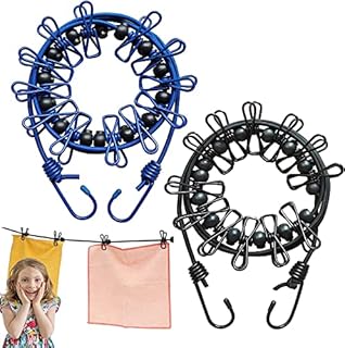 2 Pack Portable Clothesline, Elastic Travel Washing Line Adjustable Retractable Windproof Rope Clothes line with 12 Wire Clips for Camping Travel Clothes Laundry Drying Outdoor (Black+Blue)