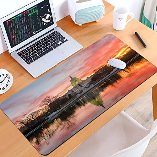 SHIVNAMI Alfombrilla Raton Grande Gaming Mouse Pad,DC Pond Dark with Capitol Política Nublado Amanecer Amarillo Gobierno Rojo Tran,Lavable, Antideslizante Diseñada para Gamers, Trabajo de Oficina