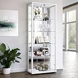 K-Möbel Vitrina de Cristal 2 Puertas (176x67x33cm) - Fabricado en Alemania - Armario bajo Puertas correderas Blanco con 4 estantes de Vidrio Ajustables, Cerradura y LED - Vitrina expositora