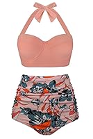 Plus Curvves Vintage Halter Push up Floral High Waist Plus Size Bikini Swimwear-5XL Cream