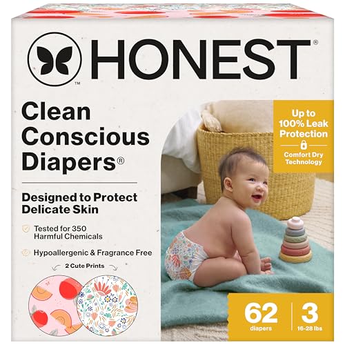 Image of The Honest Company Clean Conscious Diapers for Delicate Skin | Up to 100% Leakproof | Hypoallergenic, Fragrance Free | Girl Prints | Club Box, Size 3 (16-28 lbs), 62 Count (Prints May Vary)