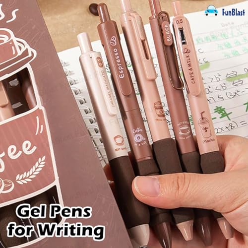 Image of FunBlast Gel Pens for Writing, 5 Pcs Gel Pen & 1 Pcs Highlighter Pen, with Comfortable Grip for Smooth Writing, Kawaii Pens, Stationery for School & Office (Blue Ink) (Coffee)