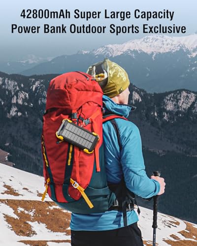 Image of Solar Charger Power Bank, 42800mAh Wireless Portable Charger with USB-C in /Output, QC3.0 Fast Charging 15W 4 Ports Outdoor Battery Pack Built-in Dual Led Flashlights for iPhone Samsung etc Red