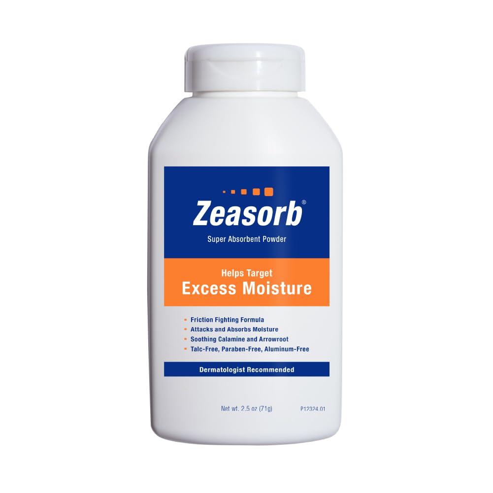 Zeasorb Excess Moisture Control Super Absorbent Foot & Body Powder, Dermatologist Recommended, Friction-Fighting Formula with Patented Odor Control Technology, 2.5 oz bottle