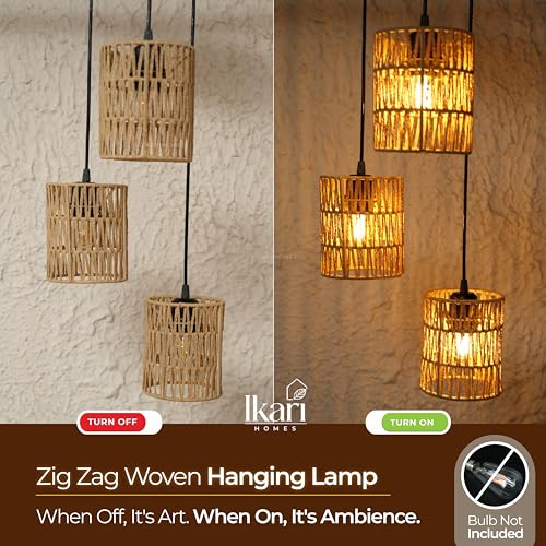 Image of Ikari Homes Rattan Chandelier 3 in1 Pendant Light, Natural Beige, Boho Style, E27 Base, Chandelier for living Room I Dining I Bedroom I Balcony I Adjustable Wire - (Bulbs not included) (Zig Zag Plain)