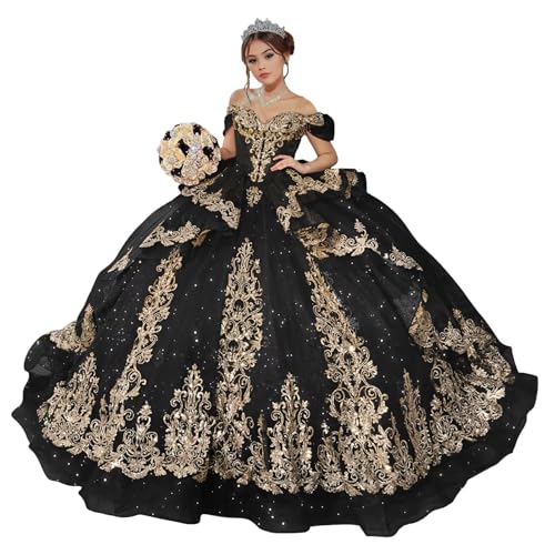 Zhangyo Off Shoulder Quinceanera Dresses Puffy Tulle Sweet 15 16 Dresses Gorgeous Gold Applique Ball Gown